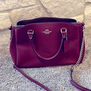 COACH, cross body , wine, gold accents